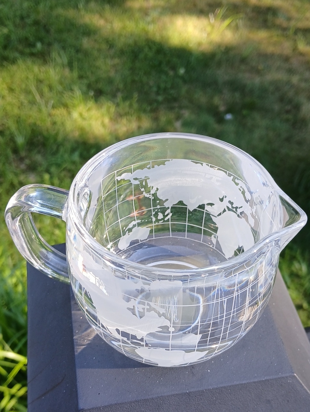 Nestle Japan Etched Glass Globe Measuring Pitcher - Clear White Vintage